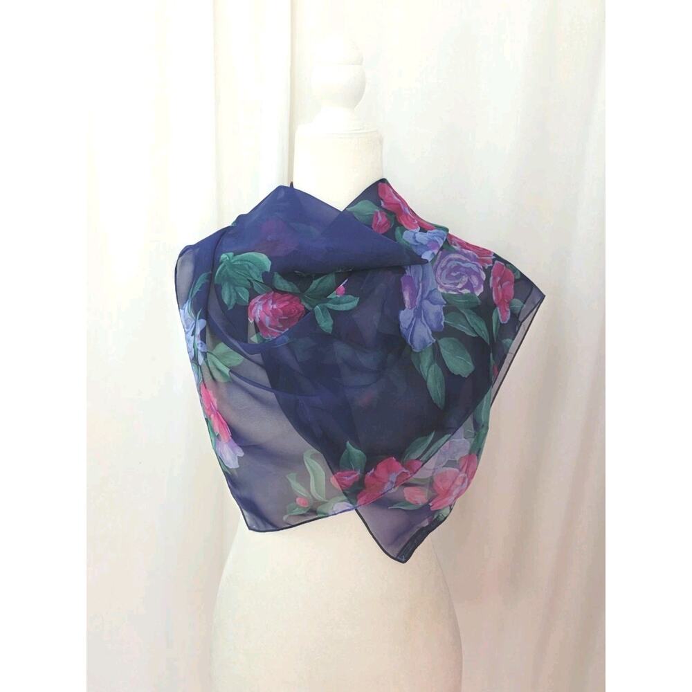Johnathan‎ Tait Scarf Navy Blue Floral Pink Roses Signed Vintage